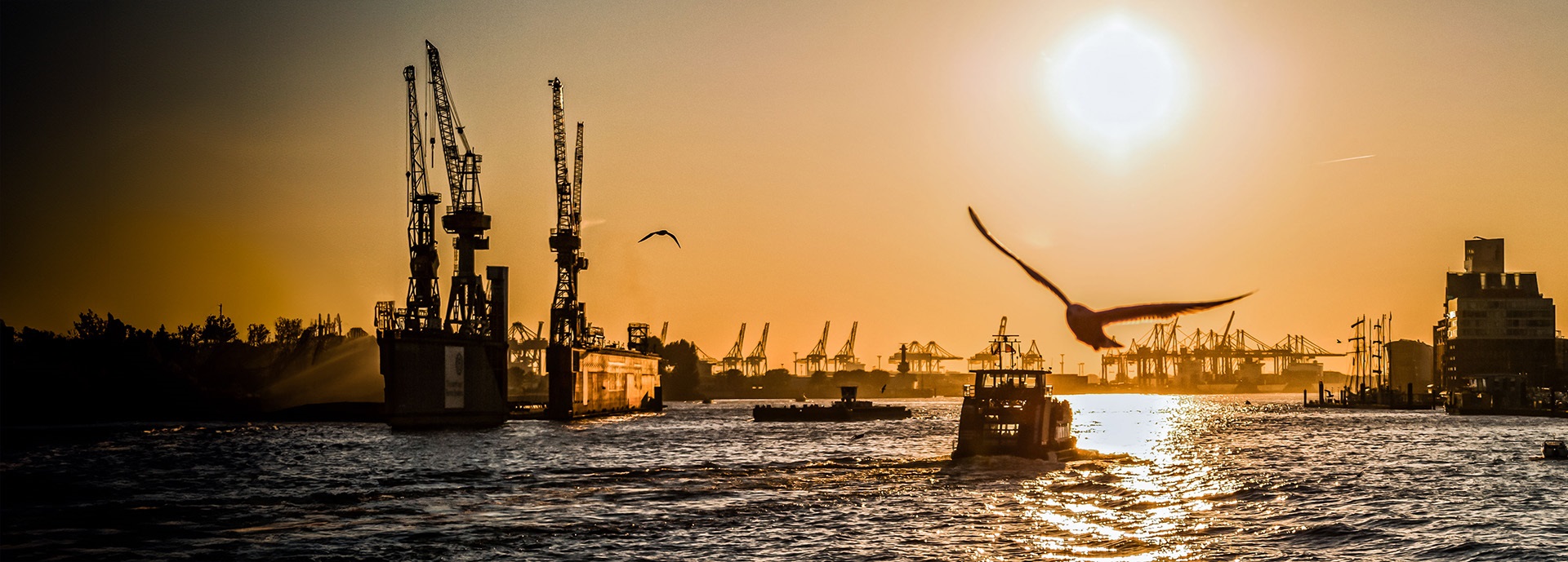 Sunset at the port in Hamburg, Germany