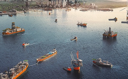 3D illustration of offshore vessels and rigs