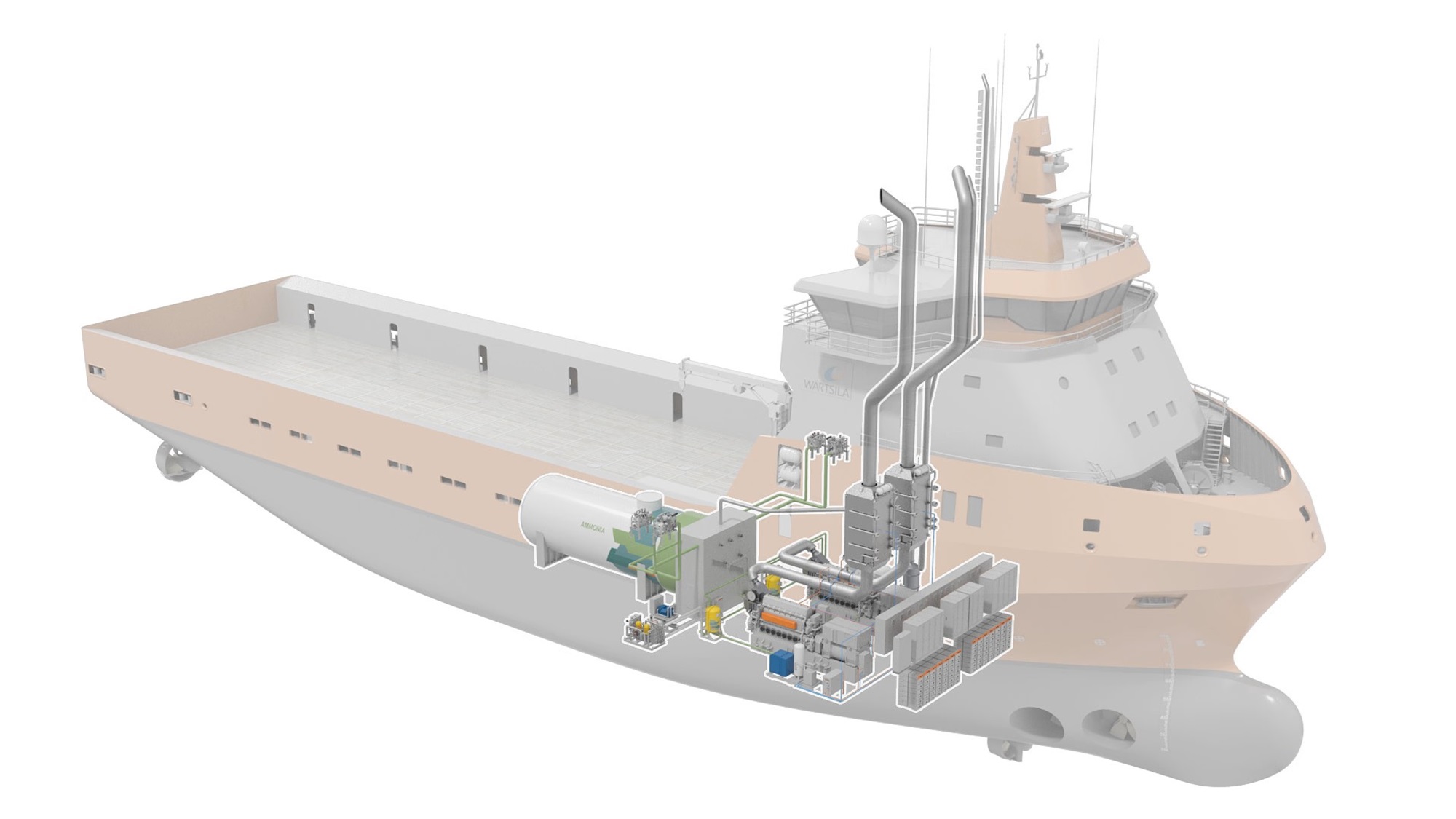 Visual representation of the Wärtsilä 25 ammonia solution integrated into a vessel, showing key components such as fuel tanks and supply systems, designed for handling ammonia as marine fuel