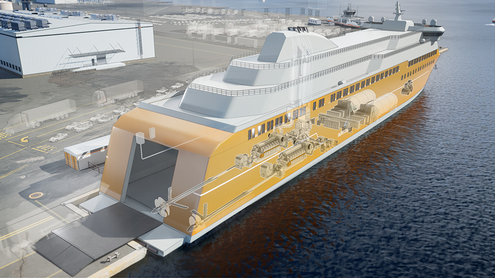 3D rendering ferry ship with hybrid solution