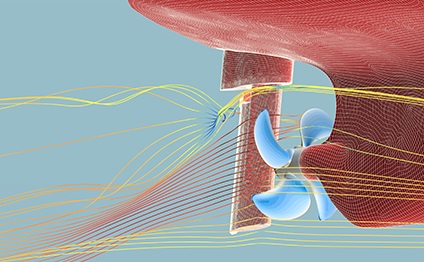 propeller flow analysis, where the colored lines or contours represent the velocity and path of the fluid