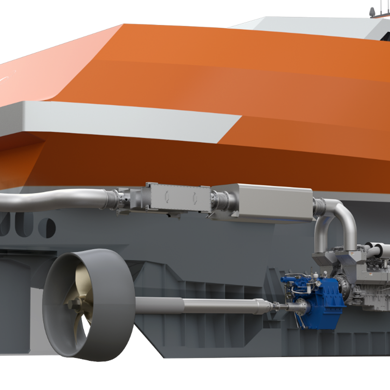 Bildunterschrift: Der Wärtsilä 14 Motor mit Abgasnachbehandlung, installiert auf einem Binnenschifffahrt- Tanker. © Wärtsilä Corporation