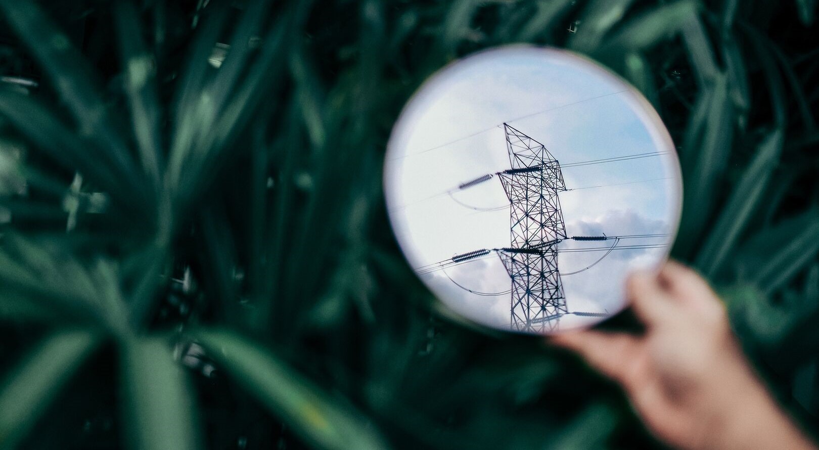 Hand holding a mirror with a reflection of gridline