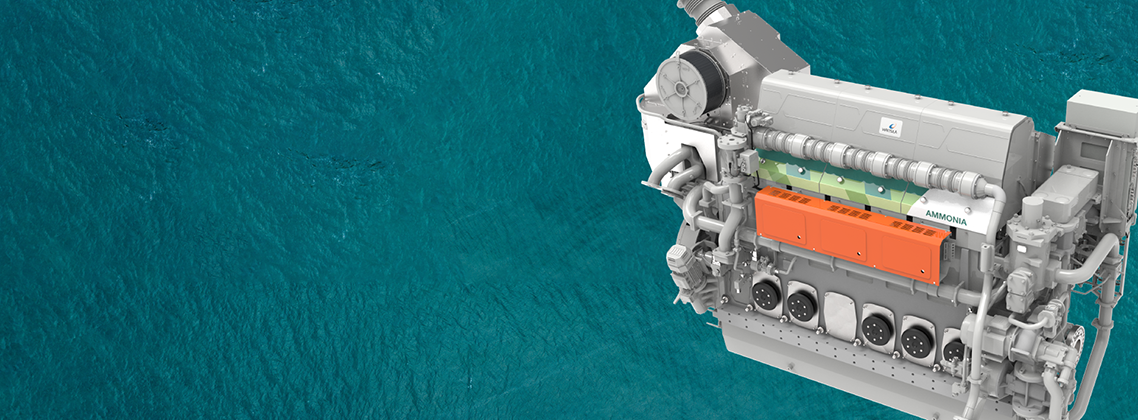 Wärtsilä 25 Ammonia engine with water background