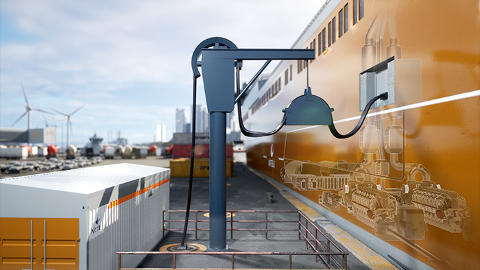 3D illustration of a container ship with shore connection