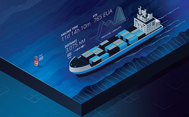 3D drawing container ship on water