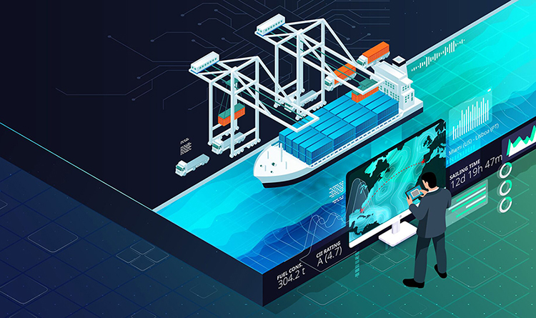 3D drawing container ship on water