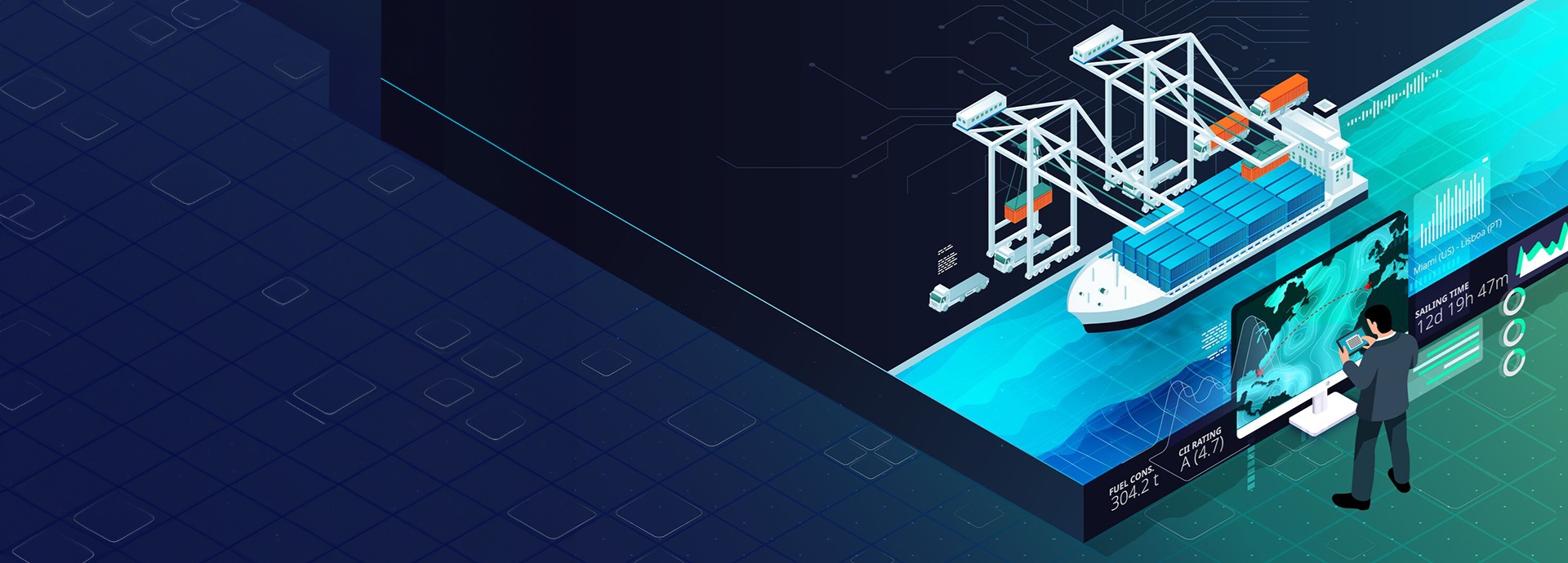 3D illustration container ship on water